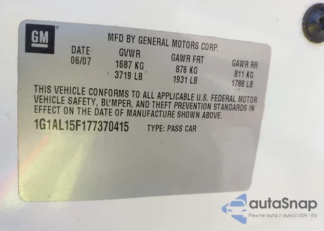 2007 Chevrolet Cobalt Lt z USA, uszkodzony, nr VIN 1G1AL15F177370415